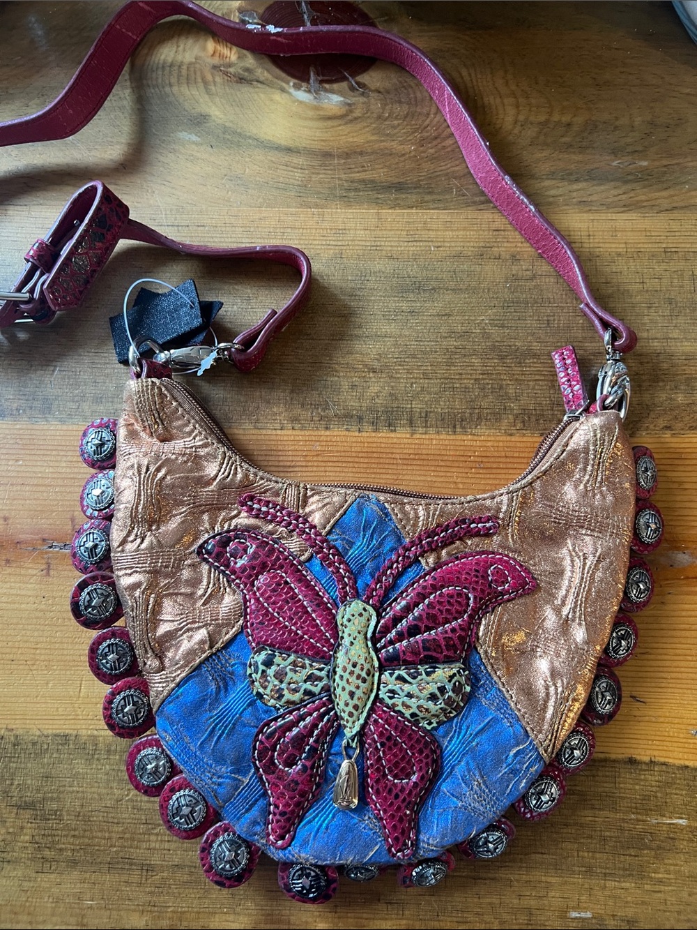 Leather Butterfly Embellished Crossbody Bag in Burgundy, Blue & Metallic